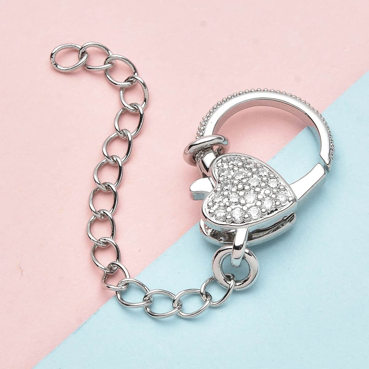 Simulated Diamond Solder Ring, Extension Chain (2 Inches) with Heart Shape Lobster Lock in Silvertone 0.30 ctw image number 1