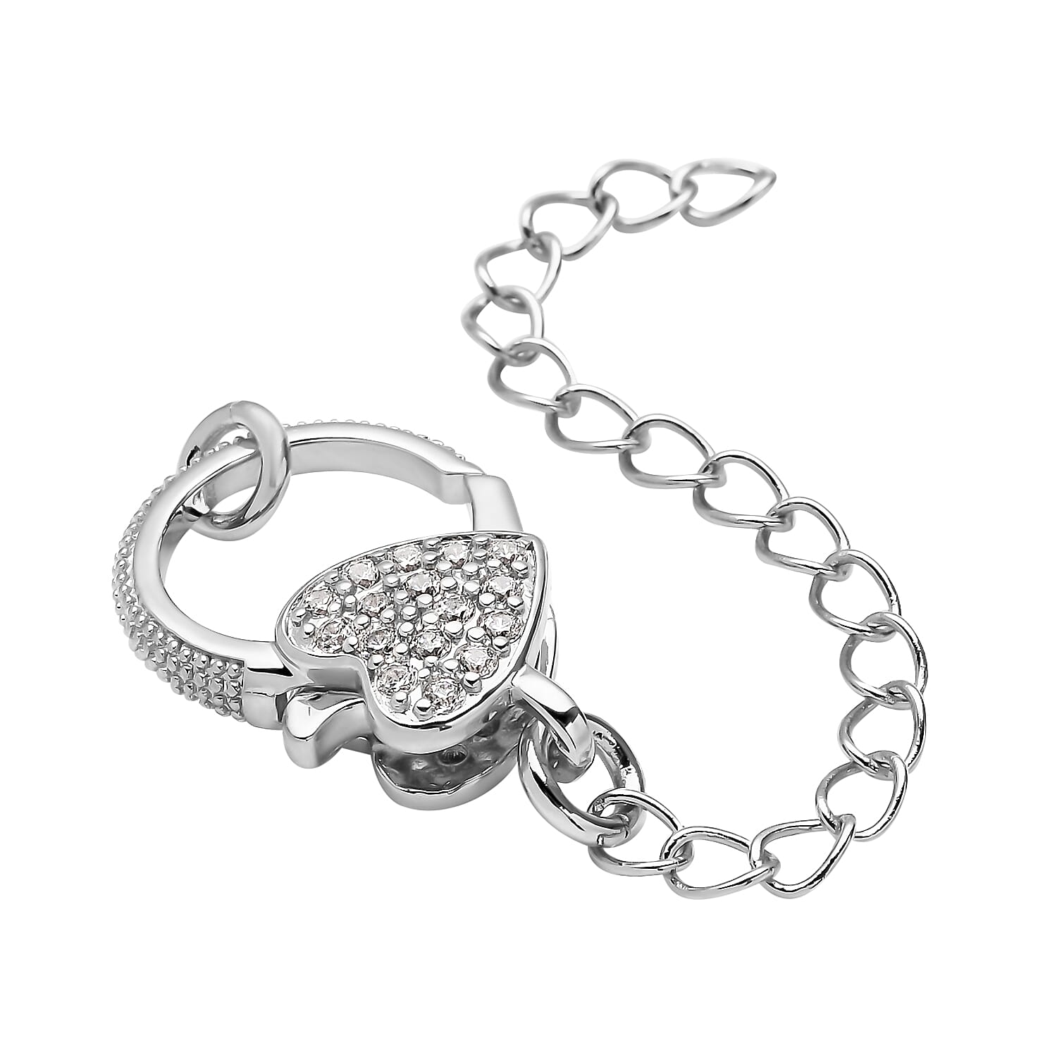 Simulated Diamond Solder Ring, Extension Chain 2 Inches with Heart Shape Lobster Lock in Silvertone 0.30 ctw