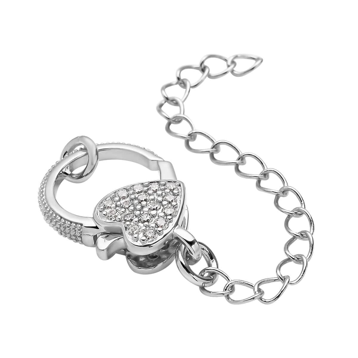 Simulated Diamond Solder Ring, Extension Chain (2 Inches) with Heart Shape Lobster Lock in Silvertone 0.30 ctw image number 2