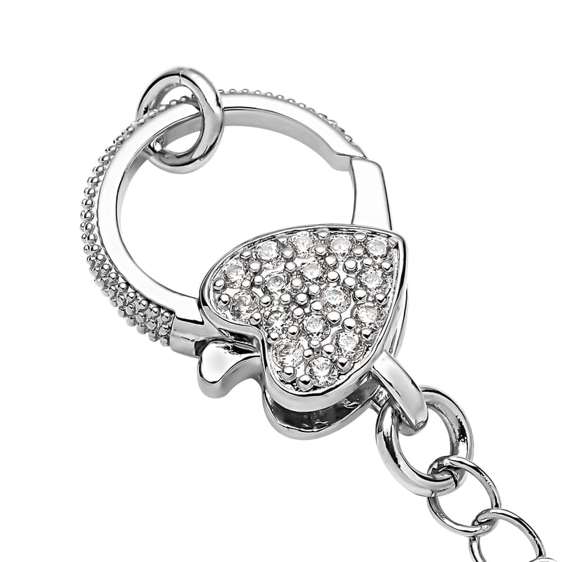 Simulated Diamond Solder Ring, Extension Chain 2 Inches with Heart Shape Lobster Lock in Silvertone 0.30 ctw