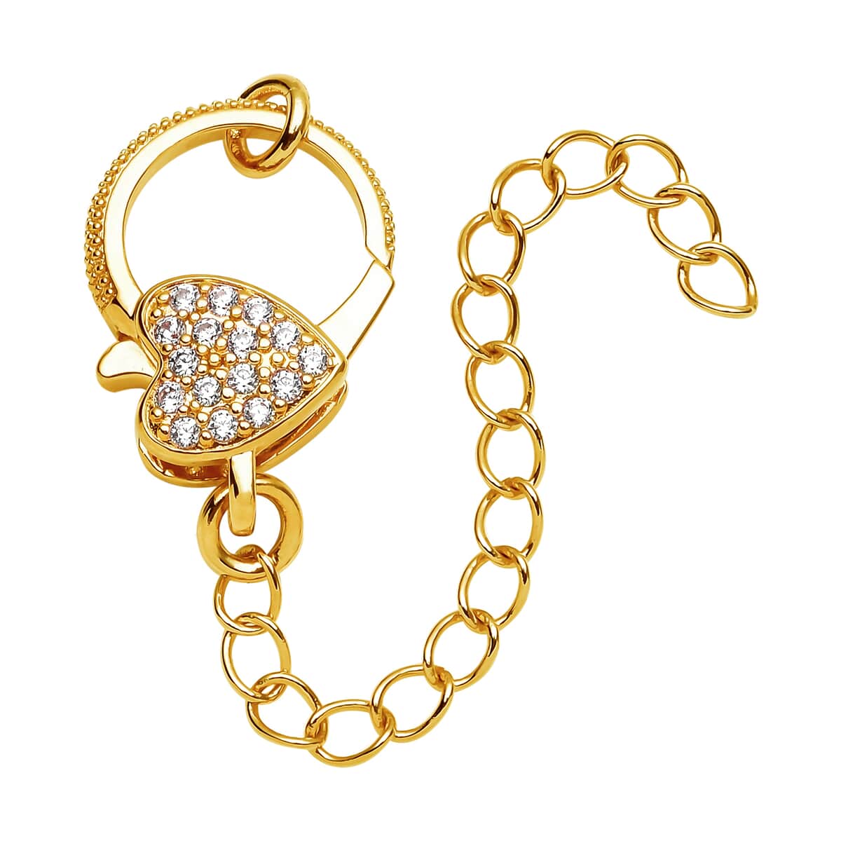 Simulated Diamond Solder Ring, Extension Chain 2 Inches with Heart Shape Lobster Lock in Goldtone 0.30 ctw image number 0