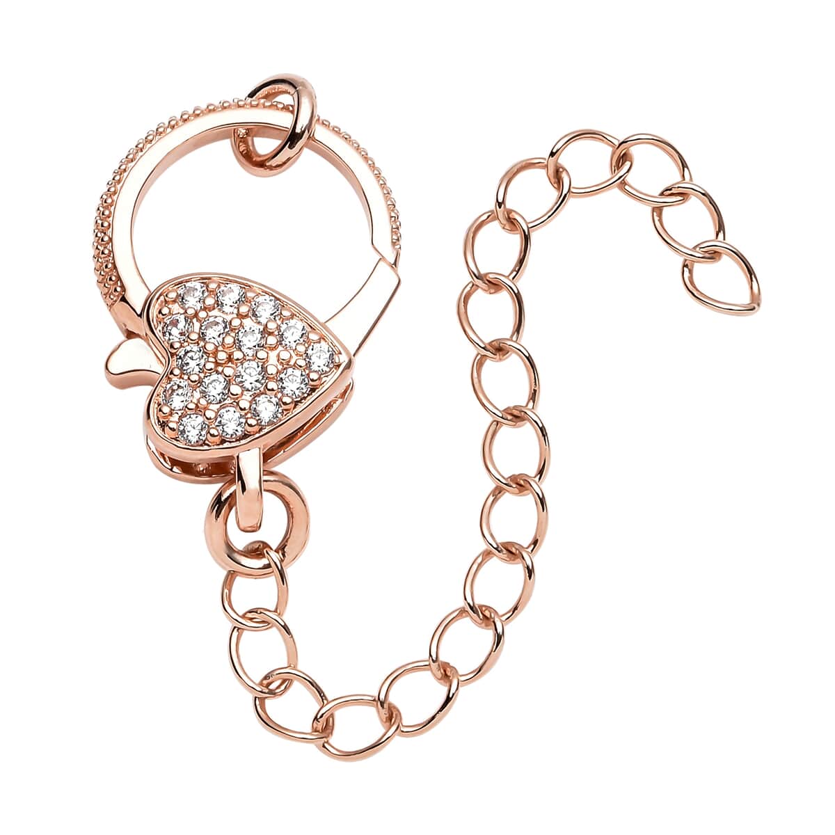 Simulated Diamond Solder Ring, Extension Chain 2 Inches with Heart Shape Lobster Lock in Rosetone 0.30 ctw image number 0