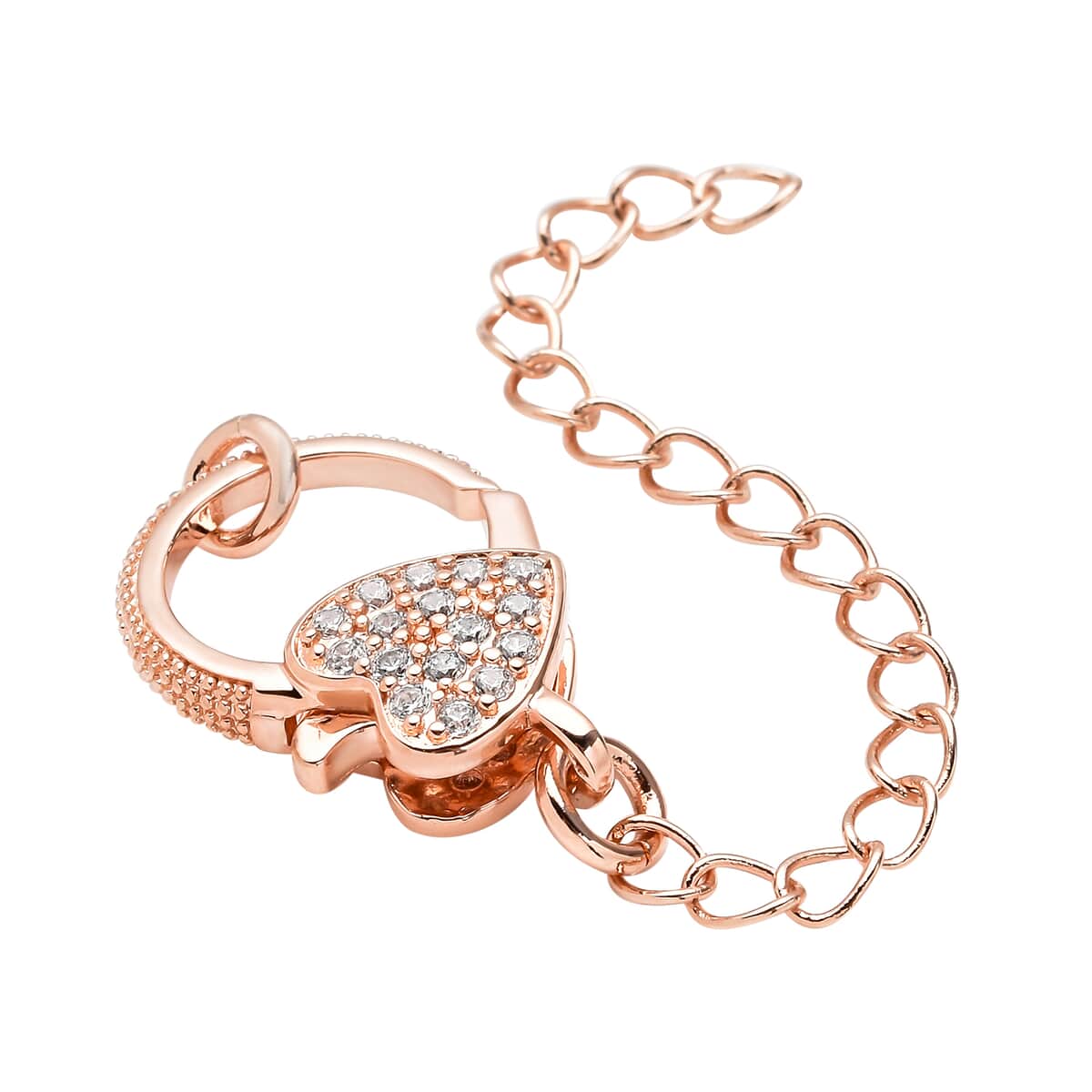 Simulated Diamond Solder Ring, Extension Chain 2 Inches with Heart Shape Lobster Lock in Rosetone 0.30 ctw image number 2