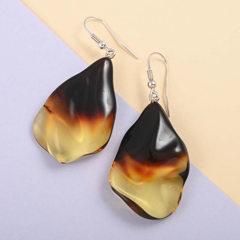Baltic Amber Free Shaped Dangle Earrings in Sterling Silver