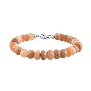 Peach Moonstone Beaded Bracelet in Rhodium Over Sterling Silver (7.25 In) 62.00 ctw