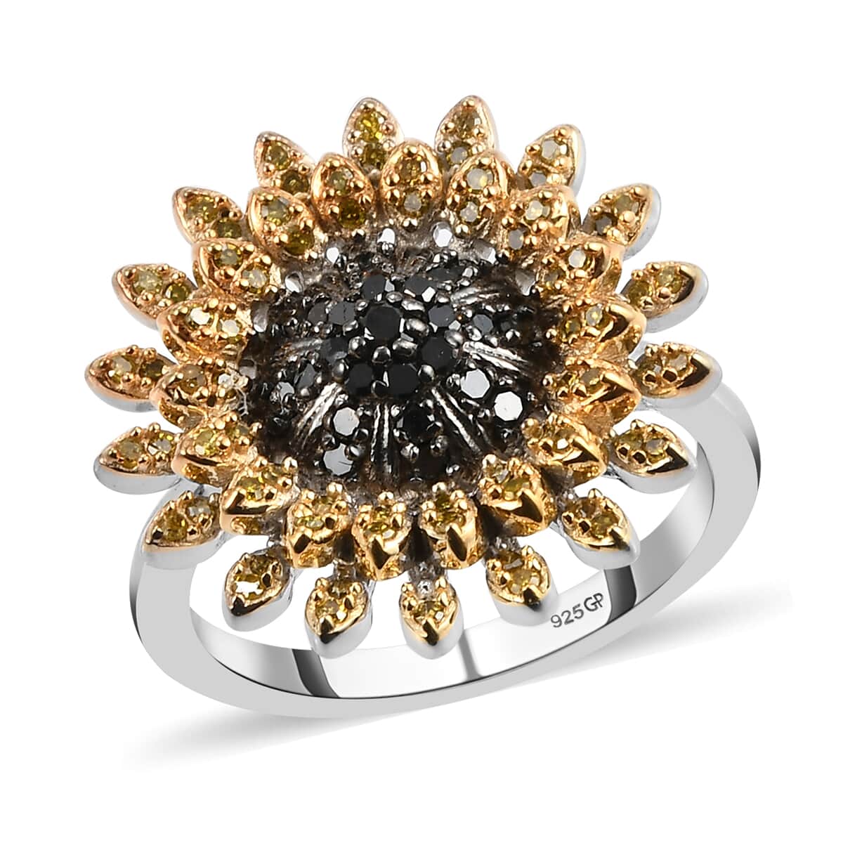 GP Black Diamond and Yellow Diamond Floral Ring in Rhodium & Platinum Over Sterling Silver (Size 7.0) 0.50 ctw image number 0