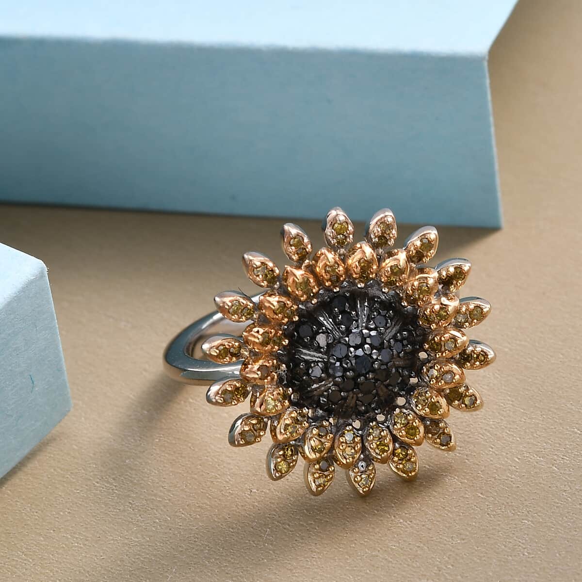 GP Black Diamond and Yellow Diamond Floral Ring in Rhodium & Platinum Over Sterling Silver (Size 7.0) 0.50 ctw image number 1