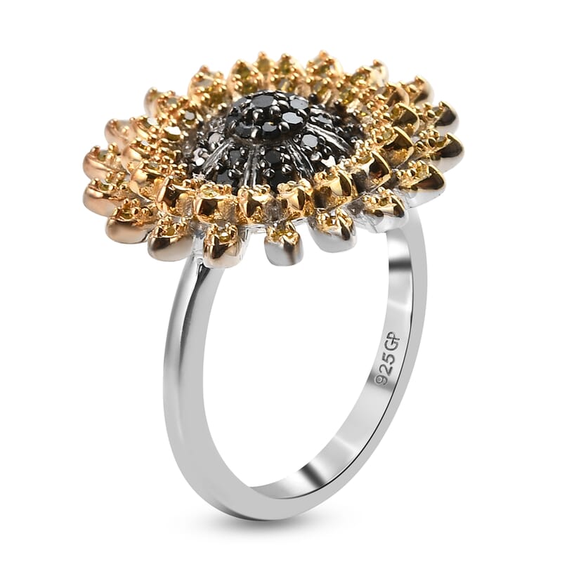 GP Italian Garden Collection Black and Yellow Diamond Floral Ring in Rhodium & Platinum Over Sterling Silver (Size 7.0) 0.50 ctw