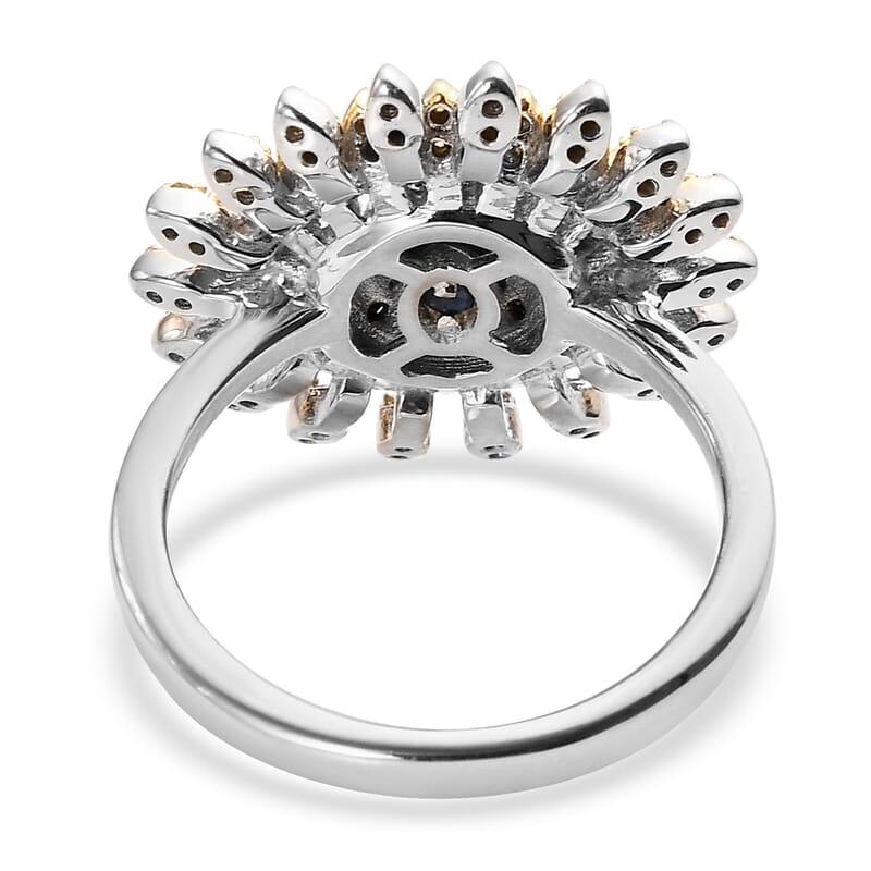 GP Italian Garden Collection Black and Yellow Diamond Floral Ring in Rhodium & Platinum Over Sterling Silver (Size 7.0) 0.50 ctw