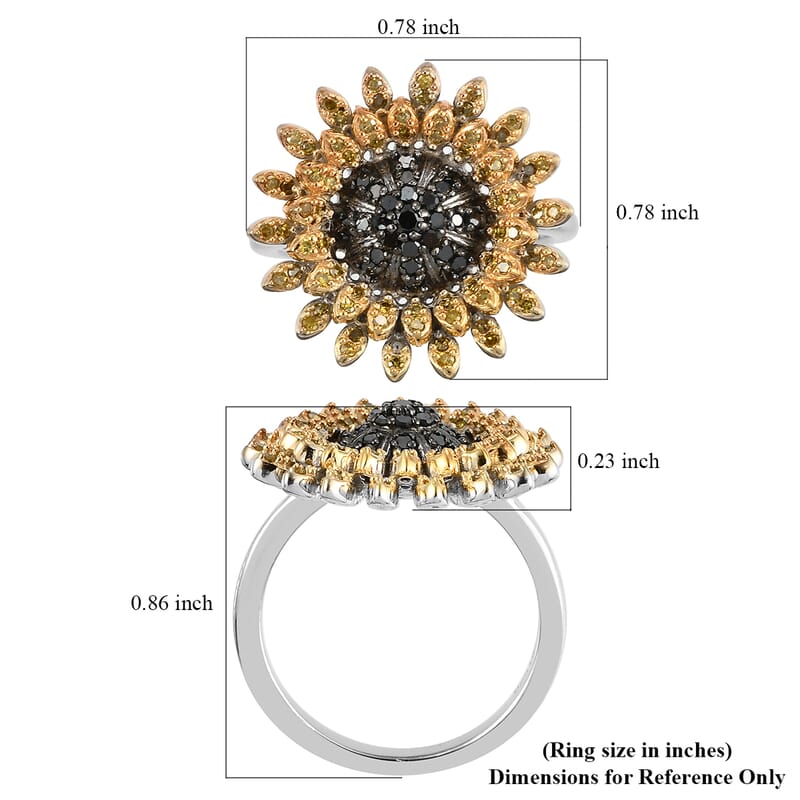GP Italian Garden Collection Black and Yellow Diamond Floral Ring in Rhodium & Platinum Over Sterling Silver (Size 7.0) 0.50 ctw
