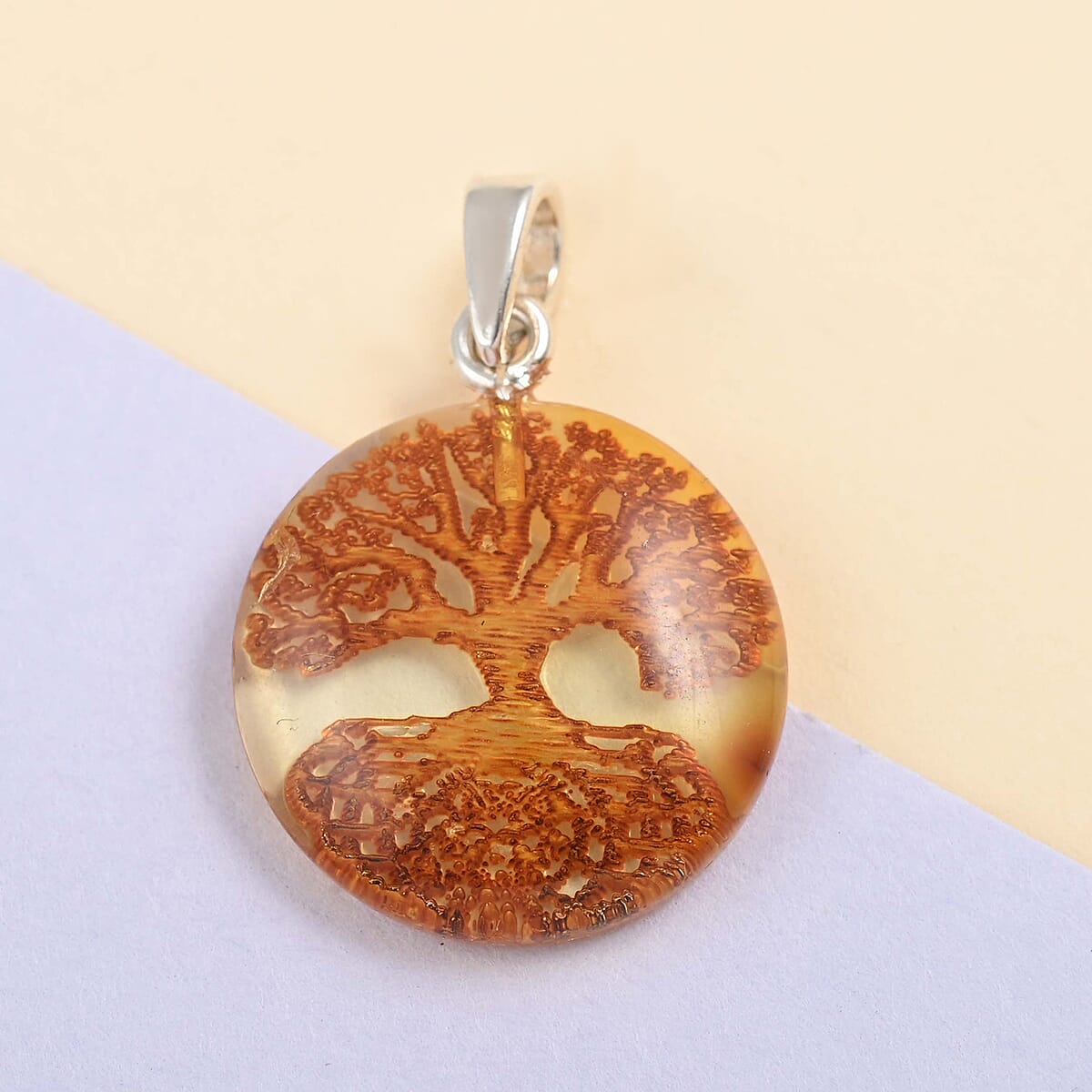Baltic Amber Tree of Life Round Pendant in Sterling Silver image number 1