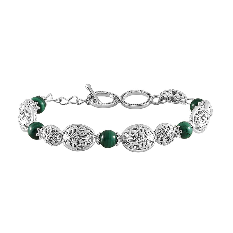 Karis African Malachite Toggle Clasp Bracelet in Platinum Bond (7.25 In) 15.60 ctw