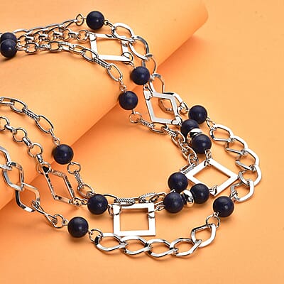 Lapis Lazuli 54.00 ctw Beaded Layered Necklace in Silvertone 20-24 Inches