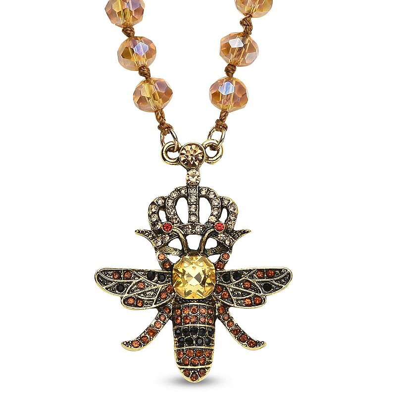 Yellow Magic Color Glass, Multi Color Austrian Crystal Honey Bee Pendant with Champagne Glass Beaded Necklace 21 Inches in Goldtone