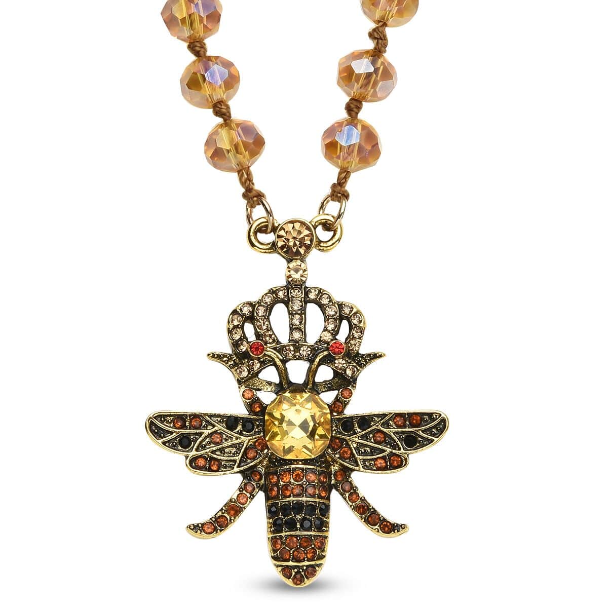 Yellow Magic Color Glass, Multi Color Austrian Crystal Honey Bee Pendant with Champagne Glass Beaded Necklace 21 Inches in Goldtone image number 0
