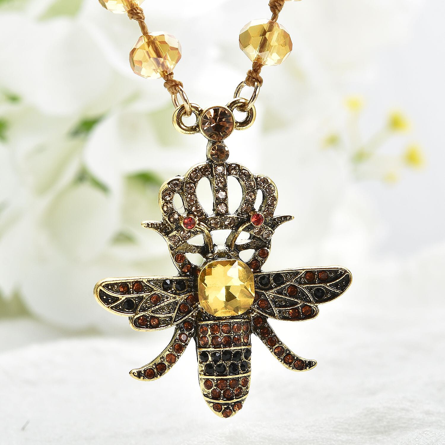 Yellow Magic Color Glass, Multi Color Austrian Crystal Honey Bee Pendant with Champagne Glass Beaded Necklace 21 Inches in Goldtone