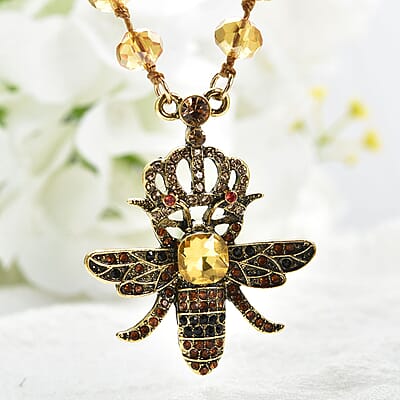 Yellow Magic Color Glass, Multi Color Austrian Crystal Honey Bee Pendant with Champagne Glass Beaded Necklace 21 Inches in Goldtone