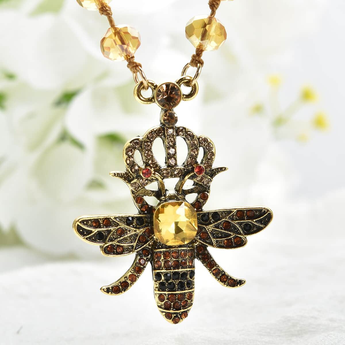 Yellow Magic Color Glass, Multi Color Austrian Crystal Honey Bee Pendant with Champagne Glass Beaded Necklace 21 Inches in Goldtone image number 1
