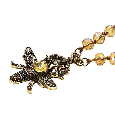 Yellow Magic Color Glass, Multi Color Austrian Crystal Honey Bee Pendant with Champagne Glass Beaded Necklace 21 Inches in Goldtone