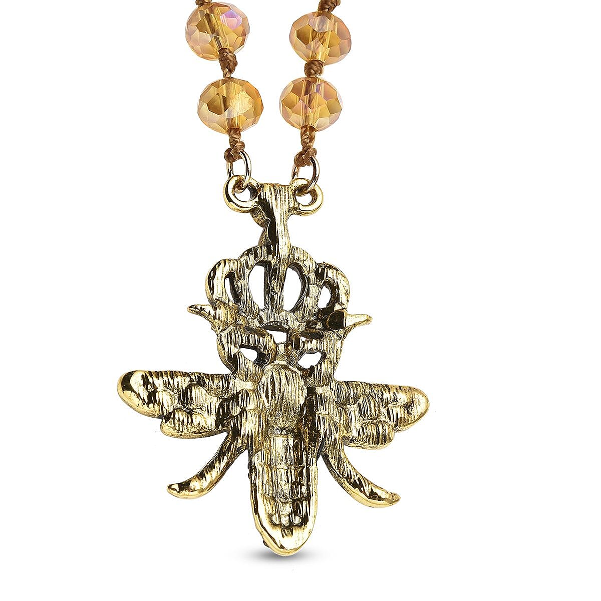 Yellow Magic Color Glass, Multi Color Austrian Crystal Honey Bee Pendant with Champagne Glass Beaded Necklace 21 Inches in Goldtone