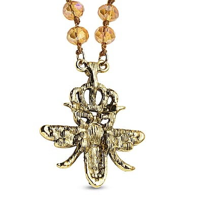 Yellow Magic Color Glass, Multi Color Austrian Crystal Honey Bee Pendant with Champagne Glass Beaded Necklace 21 Inches in Goldtone