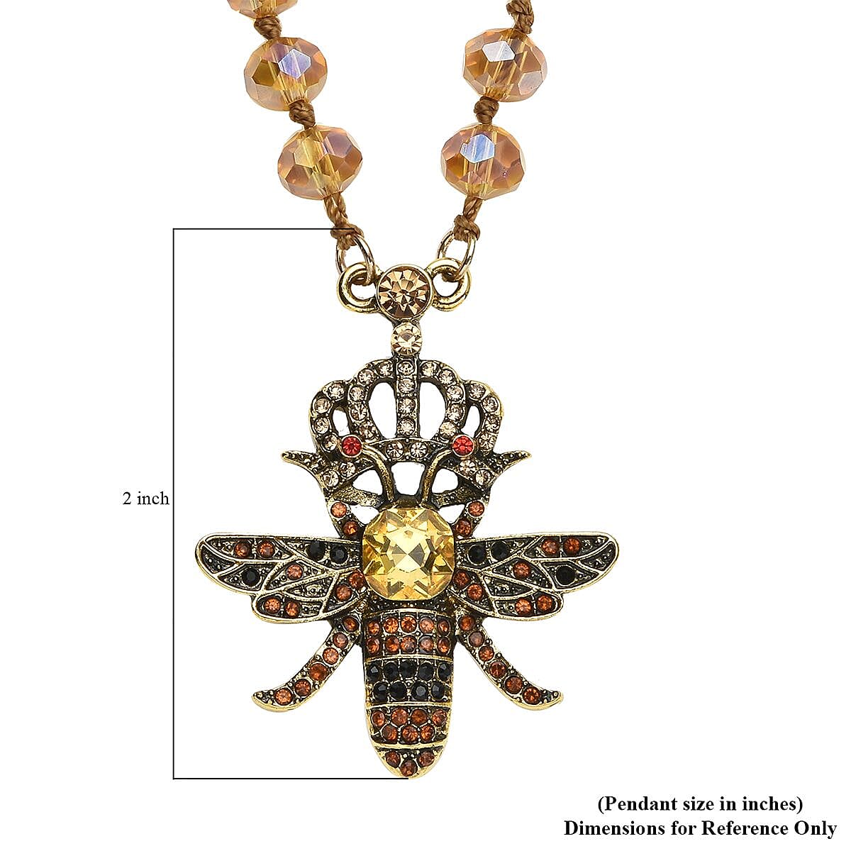 Yellow Magic Color Glass, Multi Color Austrian Crystal Honey Bee Pendant with Champagne Glass Beaded Necklace 21 Inches in Goldtone