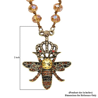 Yellow Magic Color Glass, Multi Color Austrian Crystal Honey Bee Pendant with Champagne Glass Beaded Necklace 21 Inches in Goldtone