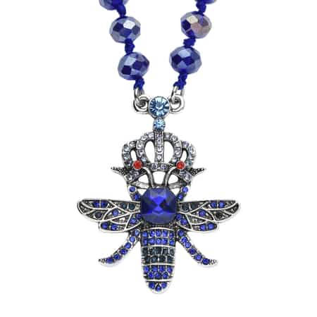 Blue Glass, Multi Color Austrian Crystal Honey Bee Pendant with Blue Magic Color Glass Beaded Necklace 21 Inches in Silvertone image number 0