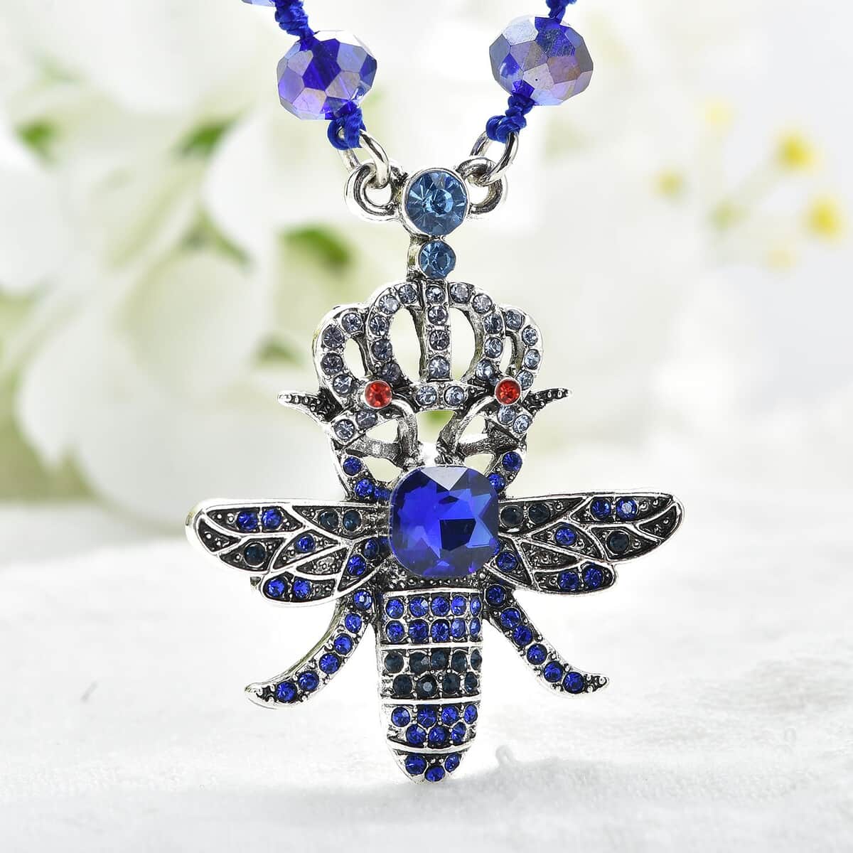 Blue Glass, Multi Color Austrian Crystal Honey Bee Pendant with Blue Magic Color Glass Beaded Necklace 21 Inches in Silvertone image number 1