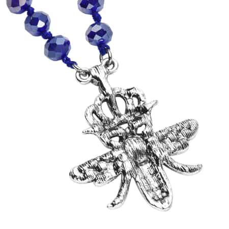 Blue Glass, Multi Color Austrian Crystal Honey Bee Pendant with Blue Magic Color Glass Beaded Necklace 21 Inches in Silvertone image number 3