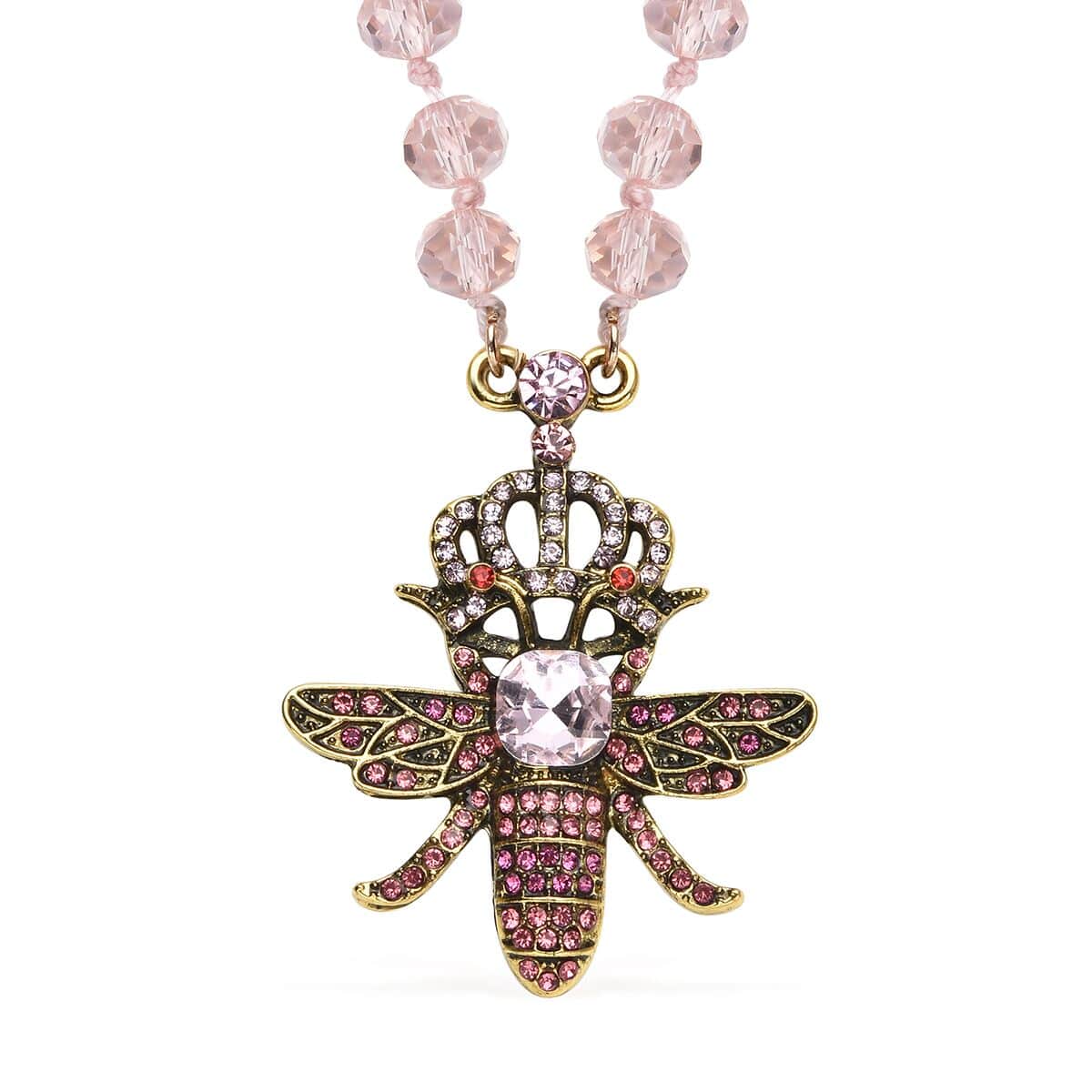 Pink Glass, Multi Color Austrian Crystal Honey Bee Pendant with Pink Magic Color Glass Beaded Necklace 21 Inches in Goldtone image number 0