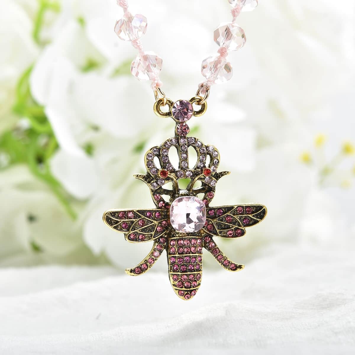 Pink Glass, Multi Color Austrian Crystal Honey Bee Pendant with Pink Magic Color Glass Beaded Necklace 21 Inches in Goldtone image number 1