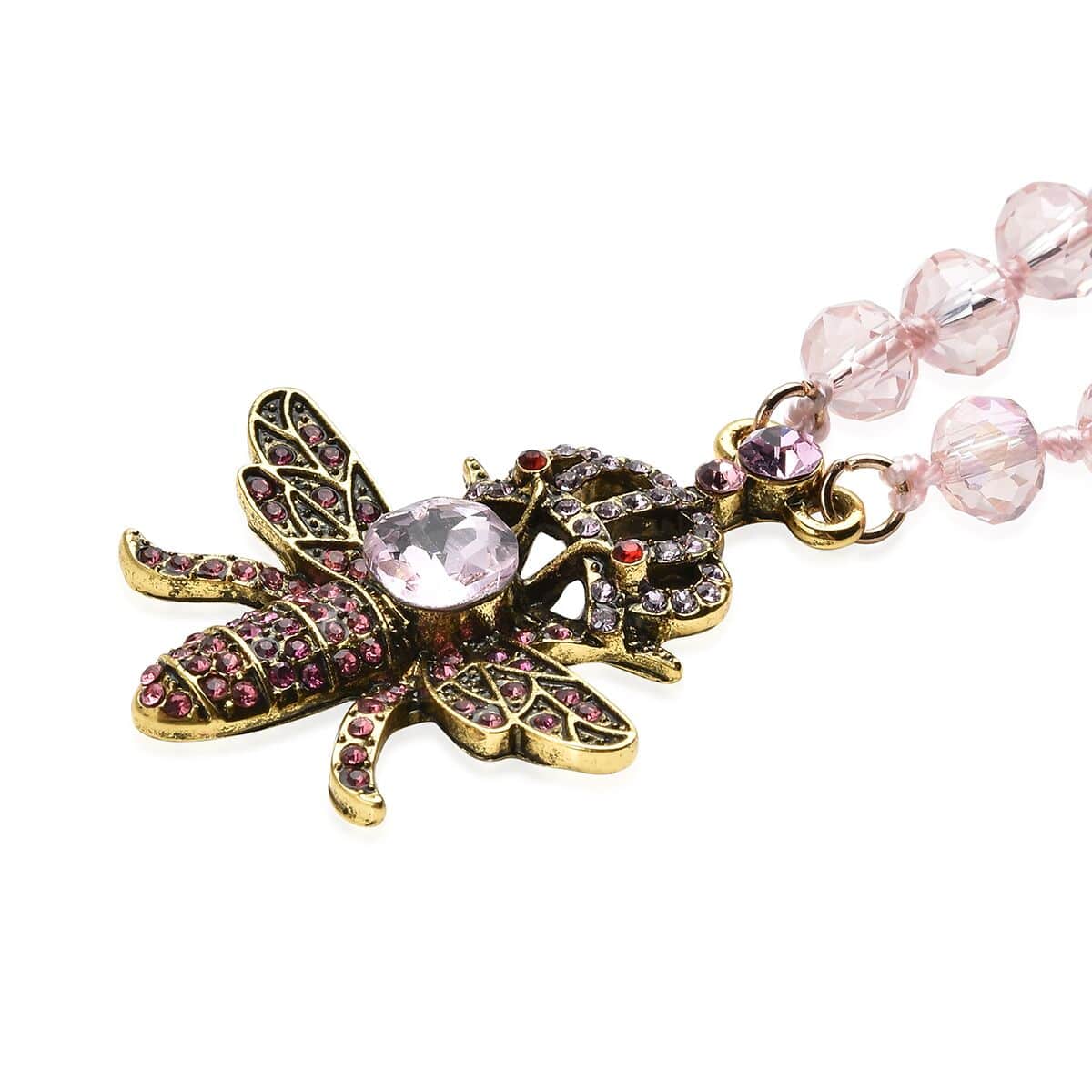 Pink Glass, Multi Color Austrian Crystal Honey Bee Pendant with Pink Magic Color Glass Beaded Necklace 21 Inches in Goldtone image number 2
