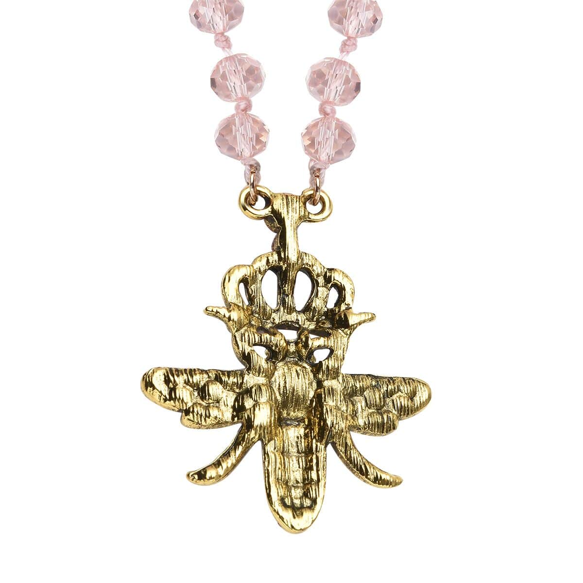 Pink Glass, Multi Color Austrian Crystal Honey Bee Pendant with Pink Magic Color Glass Beaded Necklace 21 Inches in Goldtone image number 3