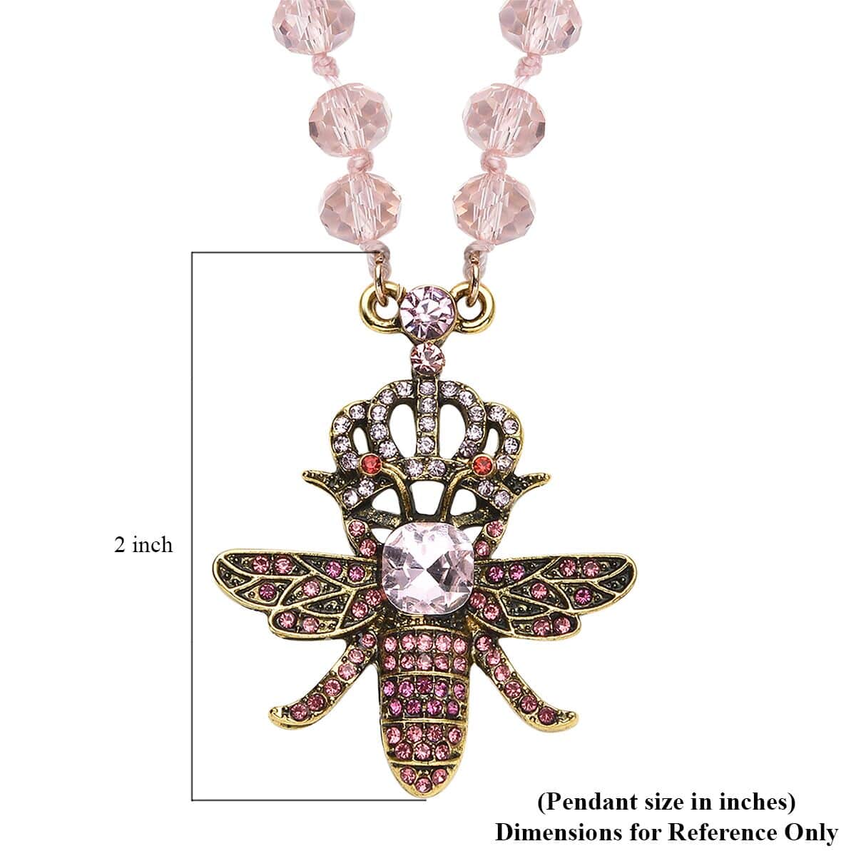 Pink Glass, Multi Color Austrian Crystal Honey Bee Pendant with Pink Magic Color Glass Beaded Necklace 21 Inches in Goldtone image number 6
