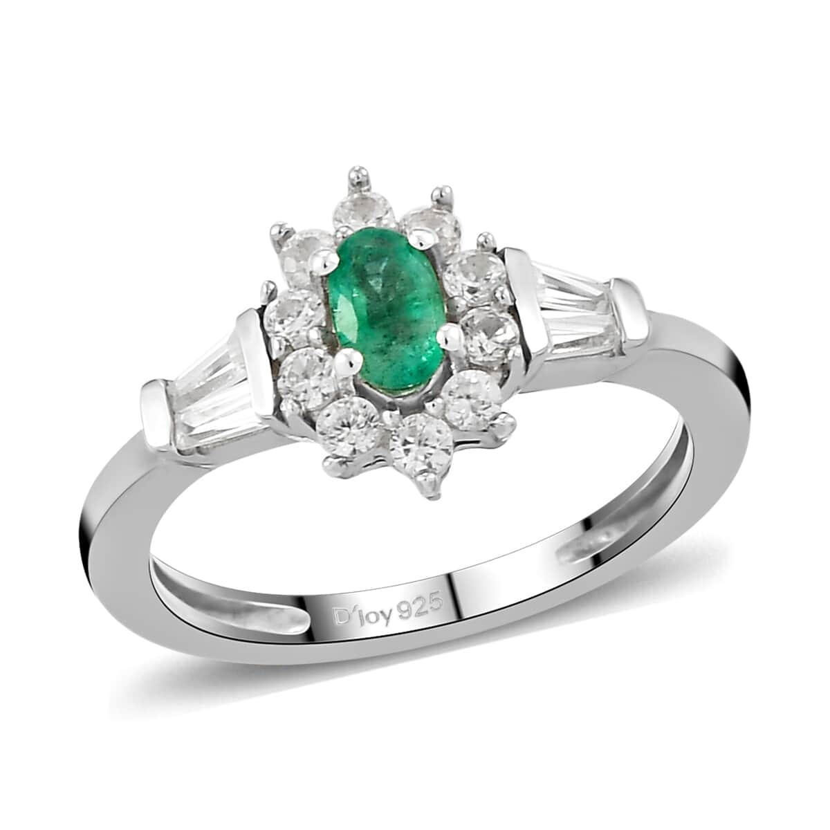 AAA Kagem Zambian Emerald and Natural White Zircon Halo Ring in Platinum Over Sterling Silver (Size 7.0) 0.75 ctw image number 0