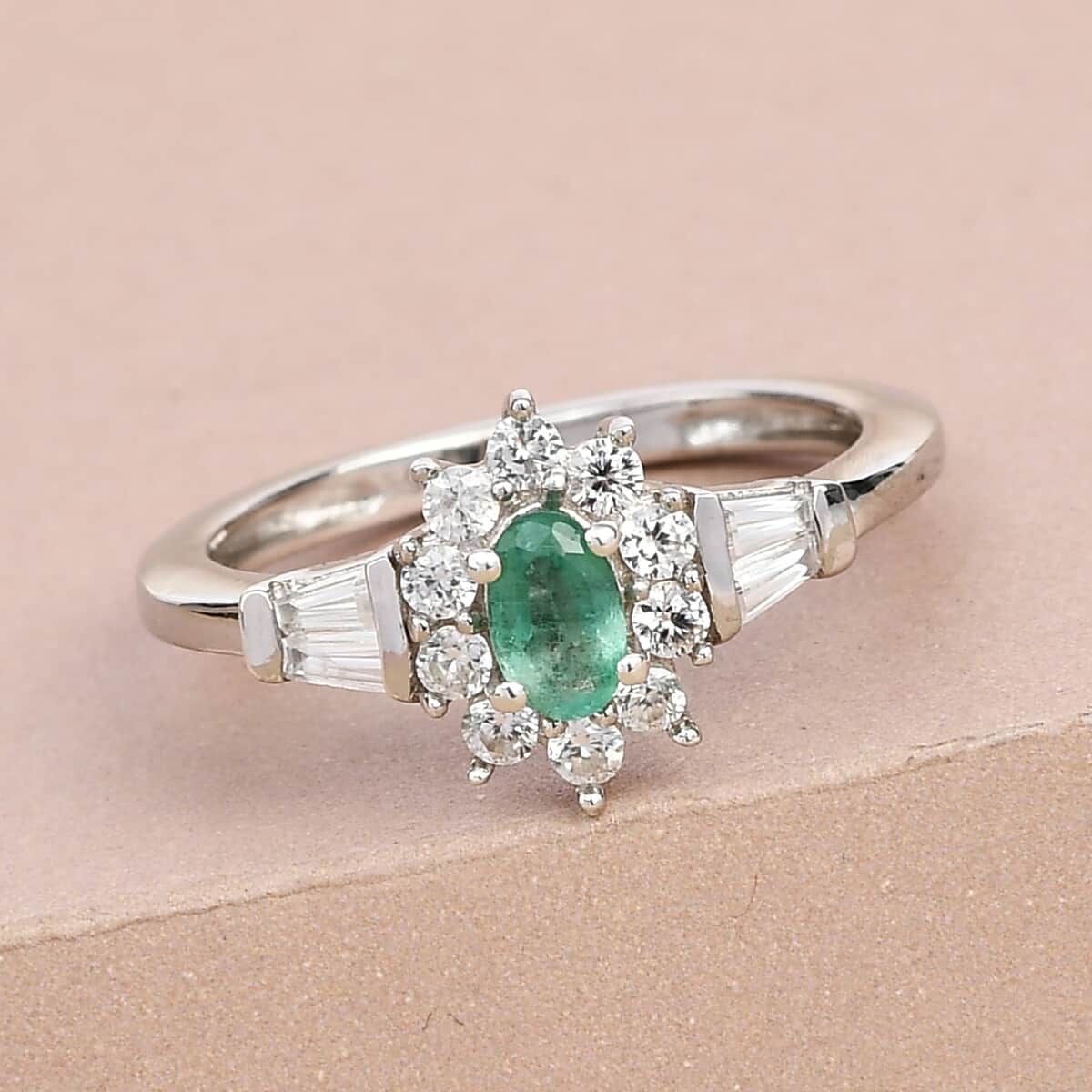 AAA Kagem Zambian Emerald and Natural White Zircon Halo Ring in Platinum Over Sterling Silver (Size 7.0) 0.75 ctw image number 1