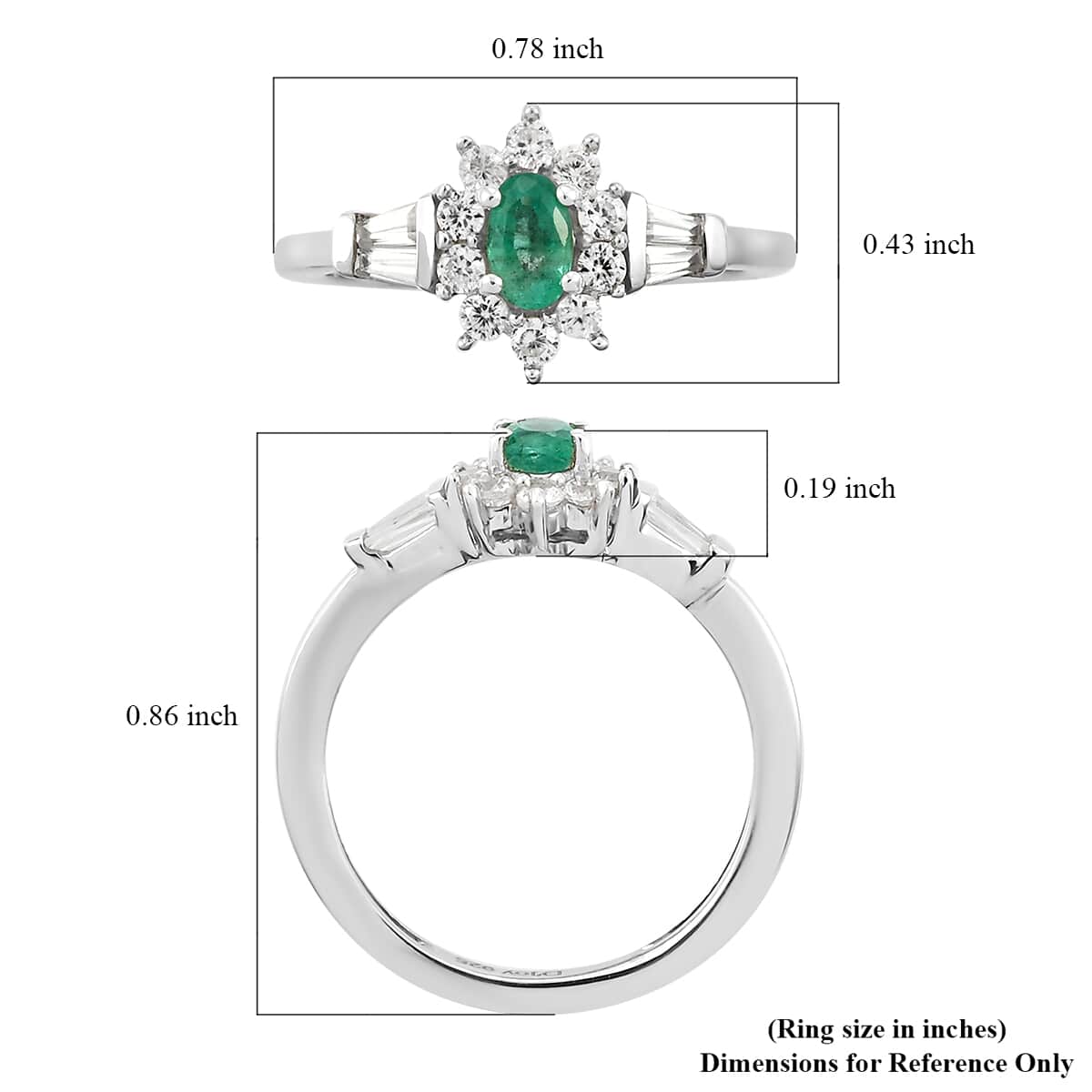 AAA Kagem Zambian Emerald and Natural White Zircon Halo Ring in Platinum Over Sterling Silver (Size 7.0) 0.75 ctw image number 5