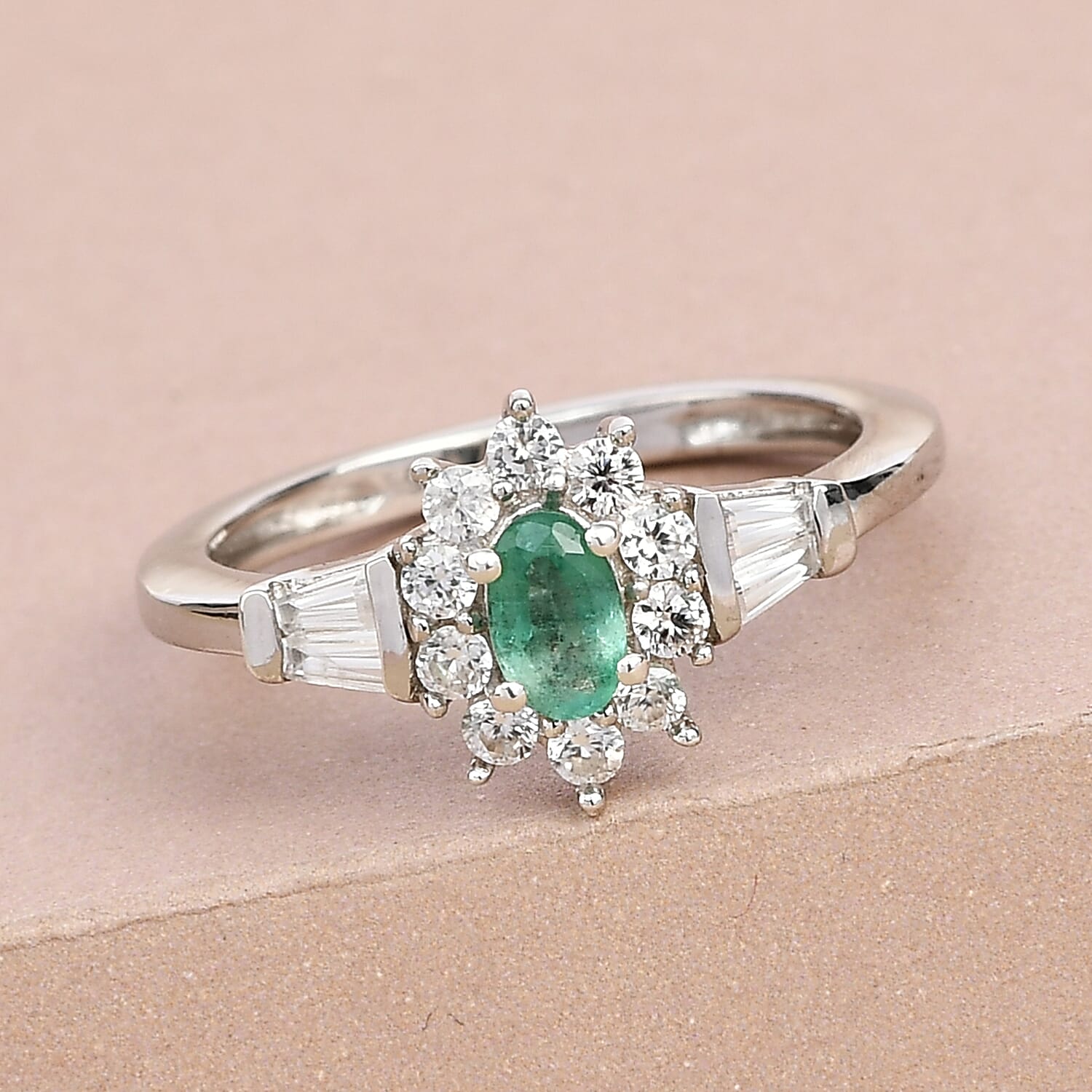 AAA Kagem Zambian Emerald and Natural White Zircon Halo Ring in Platinum Over Sterling Silver (Size 8.0) 0.75 ctw