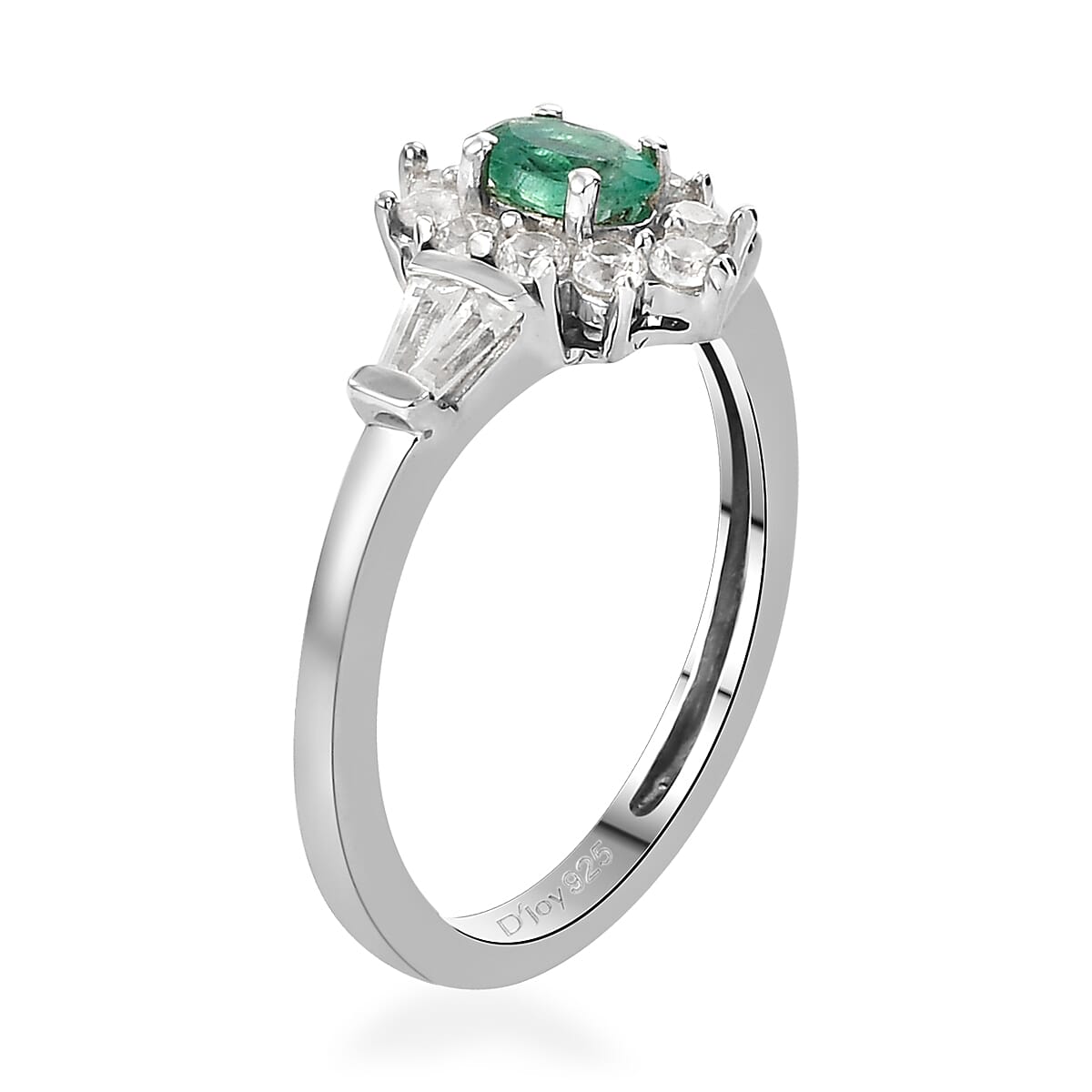 AAA Kagem Zambian Emerald and Natural White Zircon Halo Ring in Platinum Over Sterling Silver (Size 8.0) 0.75 ctw