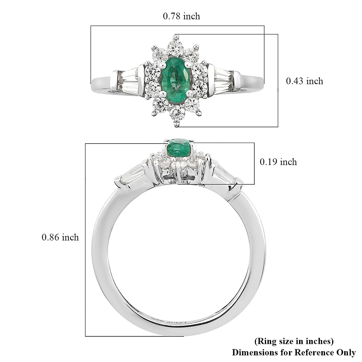 AAA Kagem Zambian Emerald and Natural White Zircon Halo Ring in Platinum Over Sterling Silver (Size 8.0) 0.75 ctw