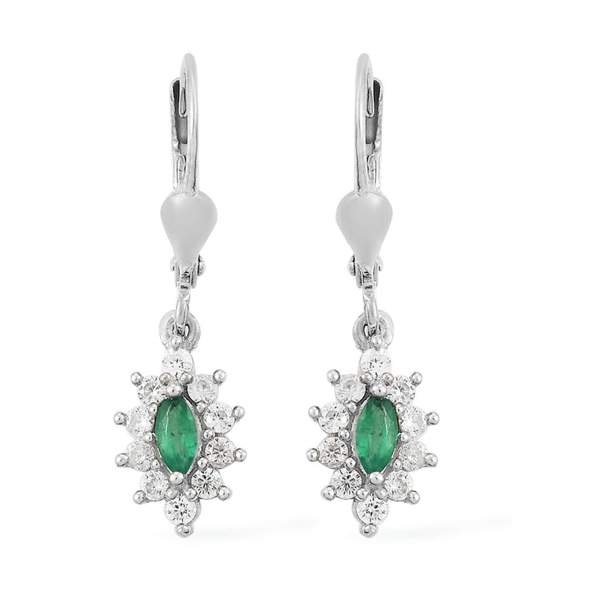 AAA Kagem Zambian Emerald and Natural White Zircon Lever Back Earrings in Platinum Over Sterling Silver 1.00 ctw image number 0