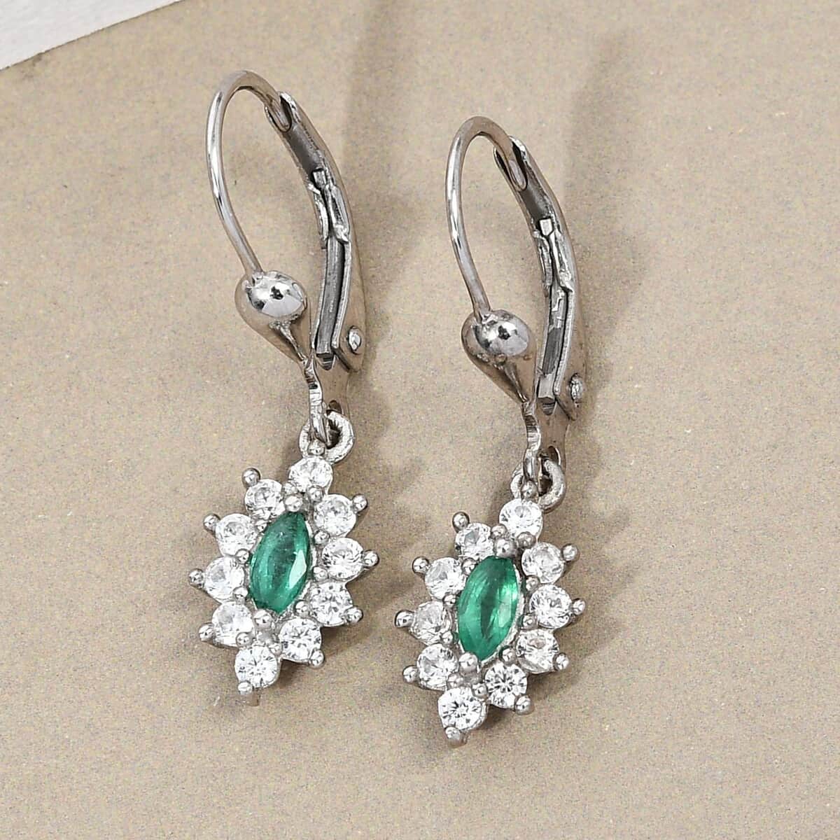 AAA Kagem Zambian Emerald and Natural White Zircon Lever Back Earrings in Platinum Over Sterling Silver 1.00 ctw image number 1