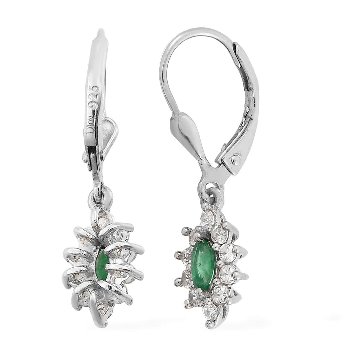 AAA Kagem Zambian Emerald and Natural White Zircon Lever Back Earrings in Platinum Over Sterling Silver 1.00 ctw image number 3