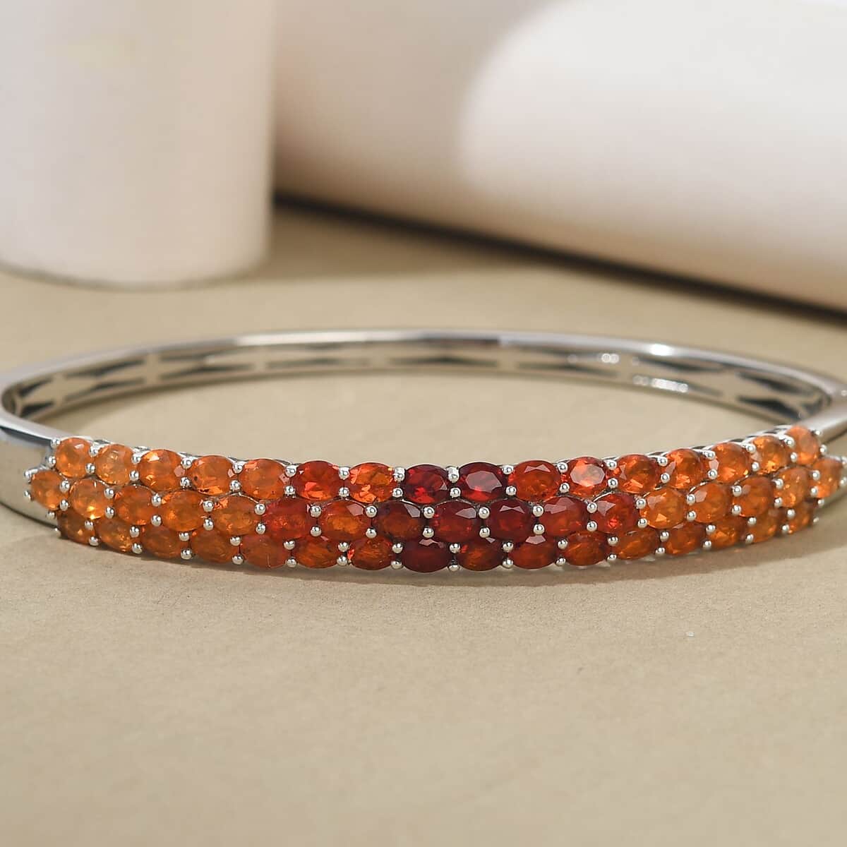 Shades of Fire Opal Bangle Bracelet in Platinum Over Sterling Silver (7.25 In) 5.85 ctw image number 1