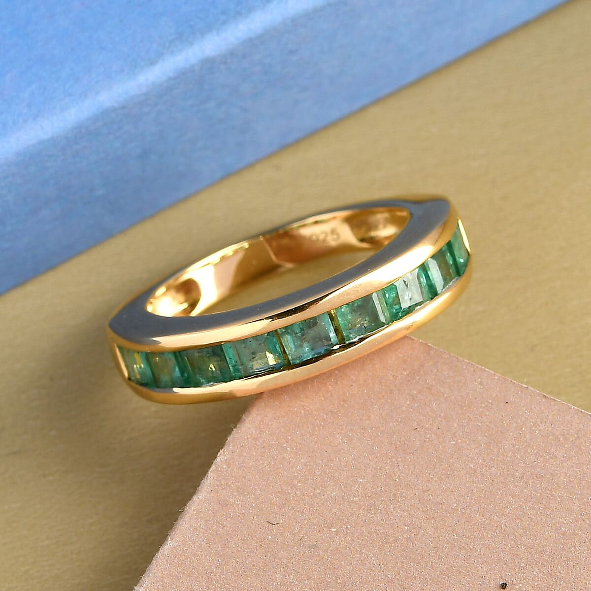 AAA Kagem Zambian Emerald Half Eternity Band Ring in Vermeil Yellow Gold Over Sterling Silver (Size 10.0) 1.40 ctw image number 1