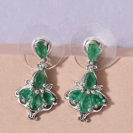 AAA Kagem Zambian Emerald Dangling Earrings in Platinum Over Sterling Silver 1.60 ctw image number 1