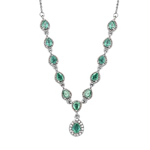 AAA Kagem Zambian Emerald and Natural White Zircon Necklace 18 Inches in Platinum Over Sterling Silver 1.75 ctw