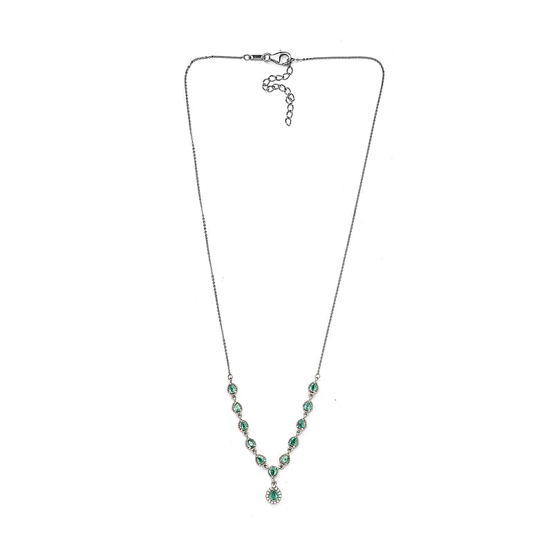 AAA Kagem Zambian Emerald and Natural White Zircon Necklace 18 Inches in Platinum Over Sterling Silver 1.75 ctw