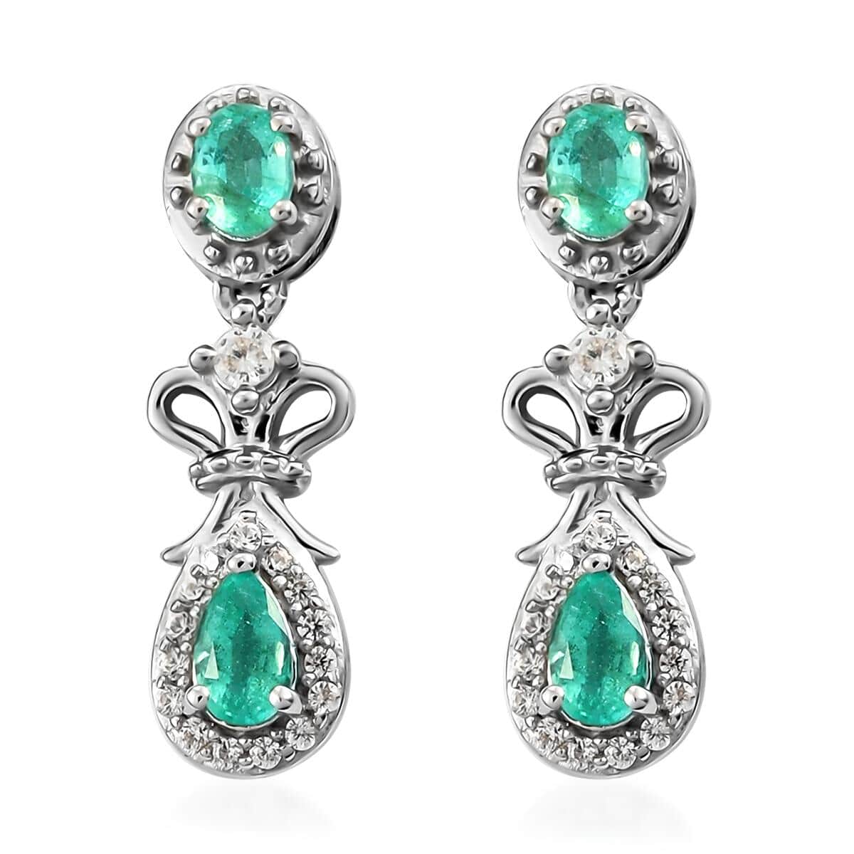 AAA Kagem Zambian Emerald and White Zircon Earrings in Platinum Over Sterling Silver 0.90 ctw image number 0